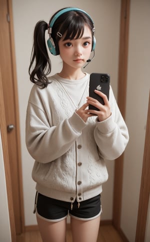 score_9, score_8_up, score_7_up, score_6_up, score_5_up, score_4_up,
BREAK 
A young female performer taking a selfie, playful and cute expression, making a duck face, wearing a light gray cardigan and shorts with pearl details, glittery hair clips, headset with microphone, black hair with bangs and side ponytail, in an indoor setting, possibly a dressing room, holding a phone with a case decorated with white doodles on a black base, well-lit environment.
