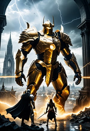 Construct an image that depicts a key moment in the concept of the "final battle": a bridge between two worlds, a lonely figure facing two huge forces. On one side, a mechanical behemoth full of electricity is ready to attack, while on the other side, a luminous heroine wearing golden armor is channeling mysterious energy. The backdrop is a city, with gothic spiers rising among futuristic buildings, and a sky filled with the chaos of a brewing storm. More warriors clash in the distance, adding to the feel of an epic battle. Highly detailed rendering of Knights and Titans with dynamic and stormy backgrounds. The model should emphasize the contrast between Gothic and futuristic architectural elements.