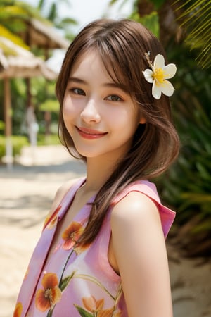 1girl,flower,brown hair,realistic,looking at viewer,hair flower,outdoors,sleeveless,hair ornament,shirt,smile,day,beach,solo,sleeveless shirt,masterpiece,best quality,picture-perfect face,ultra realistic 8k CG,