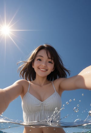 masterpiece,best quality,ultra high res,1girl,smile,naughty,sunlight,Focal point composition,hard lighting,Bottom View,Sky theme,,tashan,water,water drop,splashing,