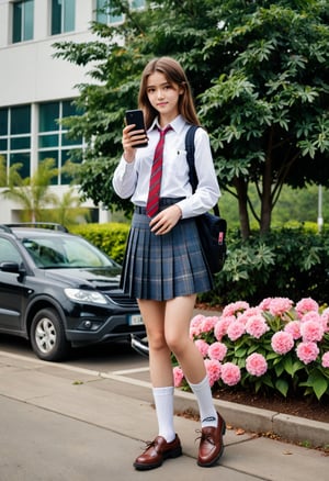 1girl, solo, long hair, looking at viewer, skirt, brown hair, shirt, holding, brown eyes, school uniform, full body, white shirt, flower, pleated skirt, outdoors, necktie, shoes, socks, collared shirt, bag, plaid, plaid skirt, brown footwear, phone, cellphone, plant, ground vehicle, black socks, loafers, pink flower, holding phone, bicycle