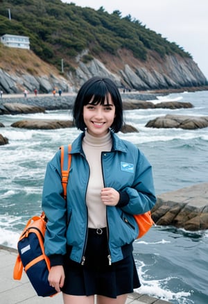 1girl, solo, looking at viewer, smile, short hair, bangs, black hair, long sleeves, holding, jacket, outdoors, day, water, bag, ocean, blue jacket, zipper, fish, high collar, photo background