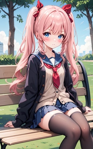 1girl ,sitting, park bench, dutch angle, blush stickers, light frown , cardigan, serafuku, (red bow:1.1), (hair bow:1.1), necktie, thighhighs, twintails, (hatsune miku:0.8), pleated skirt,  namonstyl, looking at viewer,
