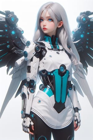 1girl, mechanical wings, solo, wings, long hair, grey eyes, feathers, white background, simple background, cyborg, cowboy shot, joints, robot joints, lips, mechanical arms, looking at viewer, arms at sides, feathered wings, white hair, realistic, mechanical parts, android, blue eyes,MECHA GIRL,bingirl