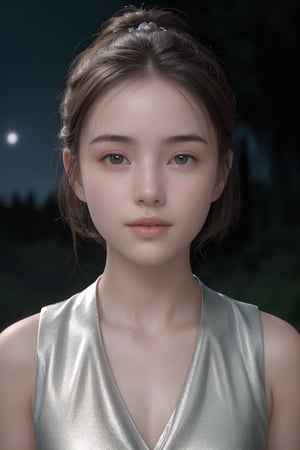 cinematic film still, Outdoor, ((night)), ((Beautiful starry sky)), 135mm, Solo, a girl traveling wonderland and standing in marketplace, 1 girl, ((15 years old girl, beautiful face, slender body, sleek silver vest)), ((Ideal ratio body proportions)), real skin type, photorealistic, realistic facial skin, ((top quality:1.4)), Intricate 3d rendering of highly detailed facial skin, natural skin texture, detailed skin, detailed skin pores & face texture, pores, ((goosebumps:1.2)), Focus on face, high light, depth of field, UHD, masterpiece, super detail, textured skin, 8k, best quality, highres, ((photorealistic:1.3)), sharp focus, raw photo, hyper realistic, ((hyper realism:1.3)), ray tracing, insane details, HDR, professional lighting, film grain, grainy
