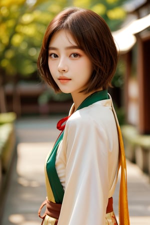 pretty girl,short hair, brown hair, brown eyes, looking at viewer, Korean netidol, closed mouth,hanfu, dynamic background, detailed background structure,