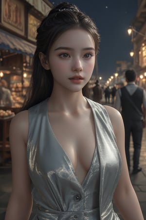 cinematic film still, Outdoor, ((night)), ((Beautiful starry sky)), 135mm, Solo, a girl traveling wonderland and standing in marketplace, 1 girl, ((15 years old girl, beautiful face, slender body, sleek silver vest)), ((Ideal ratio body proportions)), real skin type, photorealistic, realistic facial skin, ((top quality:1.4)), Intricate 3d rendering of highly detailed facial skin, natural skin texture, detailed skin, detailed skin pores & face texture, pores, ((goosebumps:1.2)), Focus on face, high light, depth of field, UHD, masterpiece, super detail, textured skin, 8k, best quality, highres, ((photorealistic:1.3)), sharp focus, raw photo, hyper realistic, ((hyper realism:1.3)), ray tracing, insane details, HDR, professional lighting, film grain, grainy
