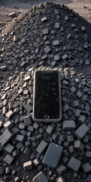 a cell phone is sitting on a pile of coal,strong contrast between light and shade,super many details,