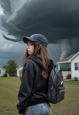 Girl, long brown hair with bangs, gray-blue eyes, standing in the yard, it's cloudy outside, gray clouds, strong wind, curling hair, looking into the distance, dressed in a black hoodie and gray jeans, black backpack from behind, blue denim cap on her head, fluttering hair, frightened eyes, detailed, hurricane, tornado, black sky, good anatomy, beautiful hands