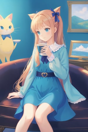 masterpiece, best quality,  Alice, 1girl, long hair, solo, sitting, looking at viewer, hair bow, very long hair, holding cup, long sleeves, necktie, blue dress, on chair, hairband 