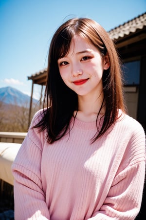 an ennui 20-year-old Japanese woman,smile,front view,Fujifilm Superia,