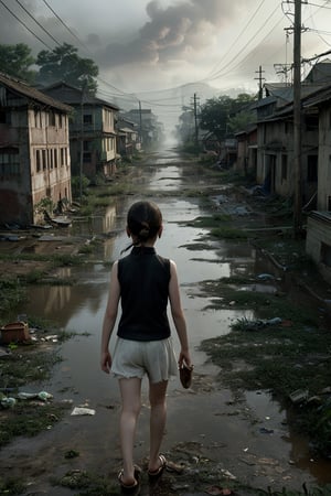 Dream core, a young girl wearing a black vest and white shorts sandals, in a small town in China in the 1980 s, on both sides of a road are dilapidated factory buildings, the streets are full of garbage and mud and weeds, the gloomy atmosphere, the feeling of fog,In an alley,