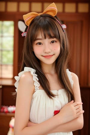 1girl, solo, stuffed toy, stuffed animal, long hair, bow, looking at viewer, hair bow, smile, black hair, ribbon, brown hair, upper body, teddy bear, bangs, mole,14 y.o.