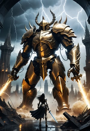 Construct an image that depicts a key moment in the concept of the "final battle": a bridge between two worlds, a lonely figure facing two huge forces. On one side, a mechanical behemoth full of electricity is ready to attack, while on the other side, a luminous heroine wearing golden armor is channeling mysterious energy. The backdrop is a city, with gothic spiers rising among futuristic buildings, and a sky filled with the chaos of a brewing storm. More warriors clash in the distance, adding to the feel of an epic battle. Highly detailed rendering of Knights and Titans with dynamic and stormy backgrounds. The model should emphasize the contrast between Gothic and futuristic architectural elements.