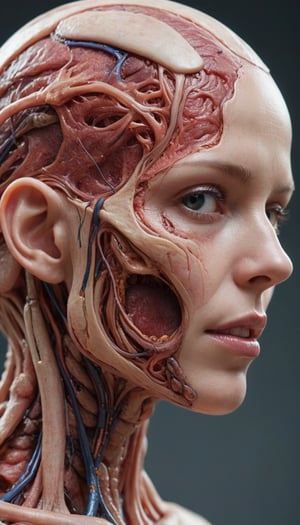 macro photography by Aleksi Briclot and Ruan Jia and Filip Hodas and Android Jones, skinned female anatomy, natural flesh and guts, medical anatomy study of the head, extreme details, beautiful skin
