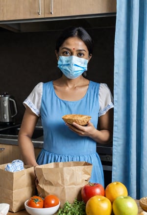  a woman is standing in front of a curtain, wearing a blue dress and holding two wrapped food items in her hands. She is also wearing a face mask, which suggests that she is taking precautions to protect herself and others from potential health risks. The woman appears to be posing for a picture, showcasing the food items and her mask.