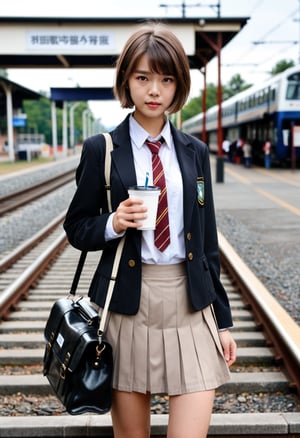 1girl, solo, looking at viewer, short hair, skirt, brown hair, shirt, long sleeves, holding, brown eyes, school uniform, standing, jacket, white shirt, pleated skirt, necktie, black skirt, bag, blurry, cup, blazer, holding cup, drinking straw, stairs, train station, railroad tracks