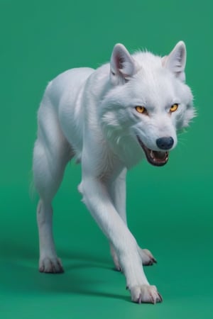 Pure White wolf, (((plane dark green background))) ,full body can be seen, (((four legs can be seen))),((going left)),((yellow eyes)),studio environment with controlled lighting ,dark environment , wolf tail can be seen ,4 legs,angry face,closed mouth