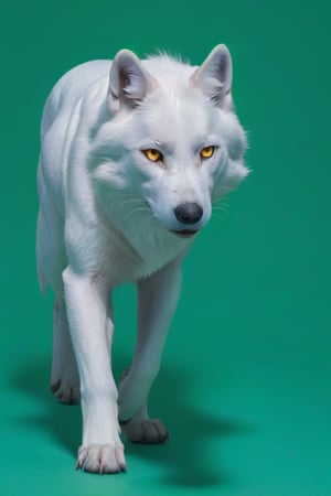 Pure White wolf, (((plane dark green background))) ,full body can be seen, (((four legs can be seen))),((going left)),((yellow eyes)),studio environment with controlled lighting ,dark environment , wolf tail can be seen ,4 legs