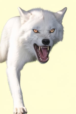 White wolf,, ,((plane green back ground)),yellow eyes,open mouth ,angry face,ready to attack,full body can be see,  photo taken in studio 