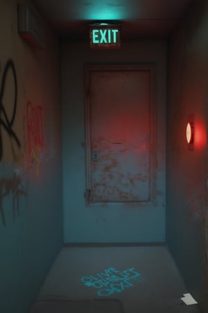 (red light alarm at right side), glowing exit sign at top,more detail XL, slighty damaged and rusted metallic wall, graffiti on wall , rusty yellow box at left side on wall,metallic exit door at front , overexposed cyan color light  flashing at bottom half,photorealistic