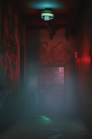 outdoors, indoors, no humans, glowing, scenery, doo, horror \(theme\), hallway, graffiti, alley , red alarm at right side
