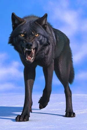 Black wolf,standing, (spread legs),((plane blue back ground)),yellow eyes,open mouth ,angry face,ready to attack,((top view))