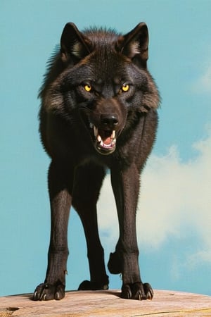 Black wolf,standing, spread legs,((plane green background)),yellow eyes