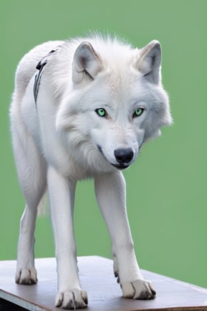 White wolf, (((plane green background))) ,full body can be seen, four legs can be seen,going left