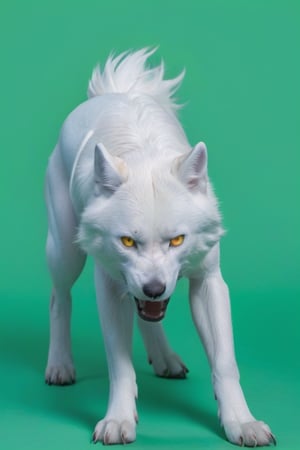 Pure White wolf, (((plane dark green background))) ,full body can be seen, (((four legs can be seen))),((going left)),((yellow eyes)),studio environment with controlled lighting ,dark environment , wolf tail can be seen ,4 legs,angry face,closed mouth