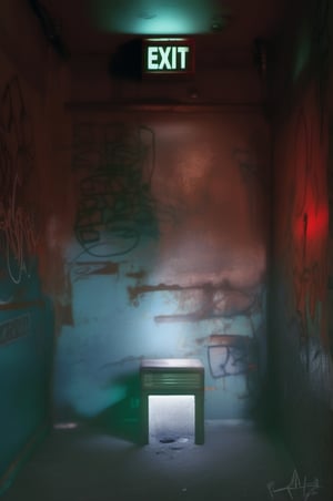 (red light alarm at right side), glowing exit sign at top,more detail XL, slighty damaged and rusted metallic wall, graffiti on wall , rusty yellow box at left side on wall,metallic exit door at front , overexposed cyan color light  flashing at bottom half,photorealistic,photo r3al