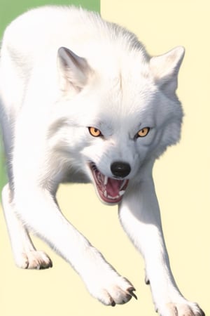 White wolf,, ,((plane green back ground)),yellow eyes,open mouth ,angry face,ready to attack,((four legs))