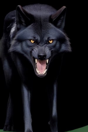 Black wolf,, ,((plane green back ground)),yellow eyes,open mouth ,angry face,ready to attack,((four legs))