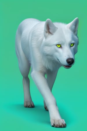 Pure White wolf, (((plane green background))) ,full body can be seen, ((four legs can be seen)),((going left)),yellow eyes,studio environment with controlled lighting ,dark environment 