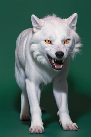 Pure White wolf, (((plane dark green background))) ,full body can be seen, (((four legs can be seen))),((going left)),((yellow eyes)),studio environment with controlled lighting ,dark environment , wolf tail can be seen ,4 legs,angry face