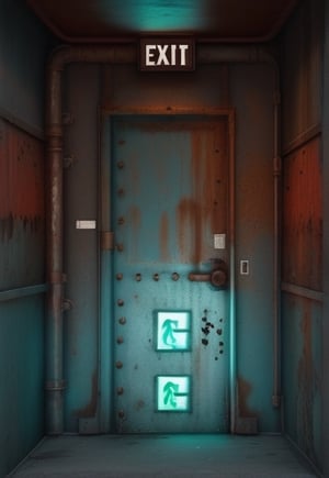 photo r3al,photorealistic,dark room , rusty metal door , glowing cyan color exit sign,  red light on right wall