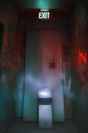 (red light alarm at right side), glowing exit sign at top,more detail XL, slighty damaged and rusted metallic wall, graffiti on wall , rusty yellow box at left side on wall,metallic exit door at front , overexposed cyan color light  flashing at bottom half,photorealistic,photo r3al