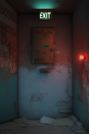 (red light alarm at right side), glowing exit sign at top,more detail XL, slighty damaged and rusted metallic wall, graffiti on wall , rusty yellow box at left side on wall,metallic exit door at front , overexposed cyan color light  flashing at bottom half,photorealistic