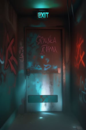 photo r3al,photorealistic,dark room , rusty metal door , (glowing cyan color exit sign),  red light on right wall, graffiti on walls ,dark environment ,cinematic lighting 