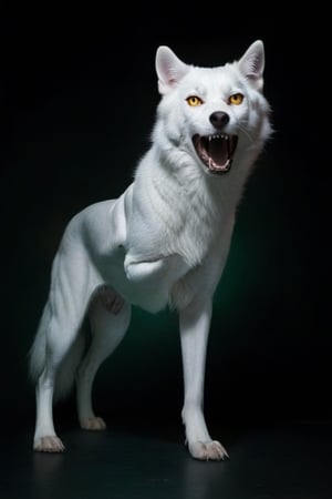Pure White wolf, (((plane dark green background))) ,full body can be seen, (((four legs can be seen))),((going left)),((yellow eyes)),studio environment with controlled lighting ,dark environment , wolf tail can be seen ,4 legs,angry face,closed mouth,photo r3al