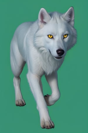 Pure White wolf, (((plane green background))) ,full body can be seen, ((four legs can be seen)),((going left)),((yellow eyes)),studio environment with controlled lighting ,dark environment , wolf tail 