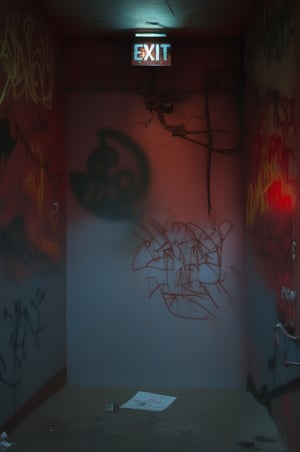 red alarm at right side, exit sign at top,more detail XL, slighty damaged and rusted metallic wall, graffiti on wall