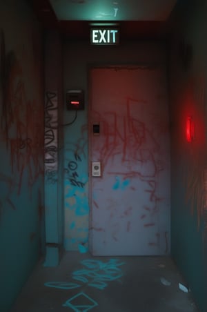 (red light alarm at right side), glowing exit sign at top,more detail XL, slighty damaged and rusted metallic wall, graffiti on wall , rusty yellow box at left side on wall,metallic exit door at front , overexposed cyan color light  flashing at bottom half