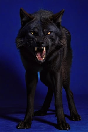 Black wolf,standing, (spread legs),((plane blue back ground)),yellow eyes,open mouth ,angry face,ready to attack,((top view)),((four legs))