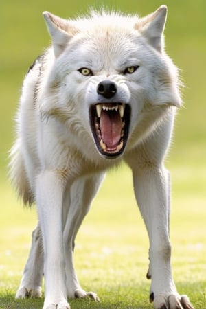 White wolf,, ,((plane green back ground)),open mouth ,angry face,ready to attack,full body can be see, 