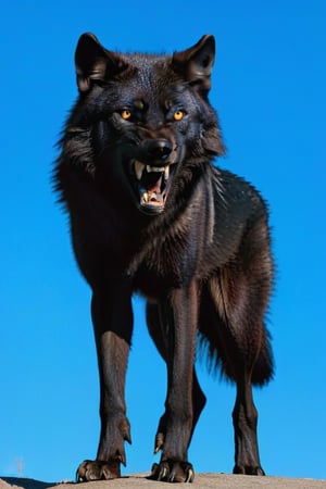 Black wolf,standing, (spread legs),((plane blue back ground)),yellow eyes,open mouth ,angry face,ready to attack