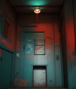 photo r3al,photorealistic,dark room , rusty metal door , (glowing cyan color exit sign),  red light on right wall, graffiti on walls ,dark environment ,cinematic lighting 