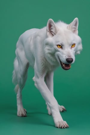 Pure White wolf, (((plane dark green background))) ,full body can be seen, (((four legs can be seen))),((going left)),((yellow eyes)),studio environment with controlled lighting ,dark environment , wolf tail can be seen ,4 legs,angry face,closed mouth