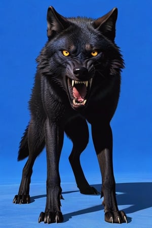 Black wolf,standing, (spread legs),((plane blue back ground)),yellow eyes,open mouth ,angry face,ready to attack,((top view))