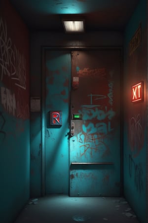 photo r3al,photorealistic,dark room , rusty metal door , (glowing cyan color exit sign),  red light on right wall, graffiti on walls ,dark environment ,cinematic lighting 